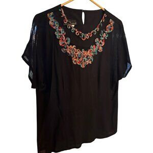 VTG '80's Carole Little Black Blouse Embroidered Sheer Bodice & Sleeve